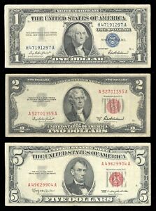 Set of 3 Paper Money Silver Certificate, & Red Seal $1 1957 $2 1953 $5 1963 Fine