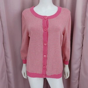 IZOD Women's Pink Cotton Striped Button-Up Tight-Knit Long Sleeve Cardigan XL - Picture 1 of 6