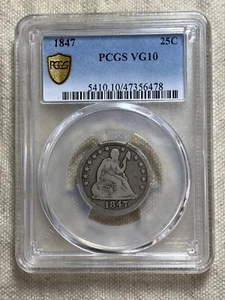 1847 Liberty Seated Silver Quarter PCGS VG10 Gold Shield Nice Honest Circ Coin - Picture 1 of 8