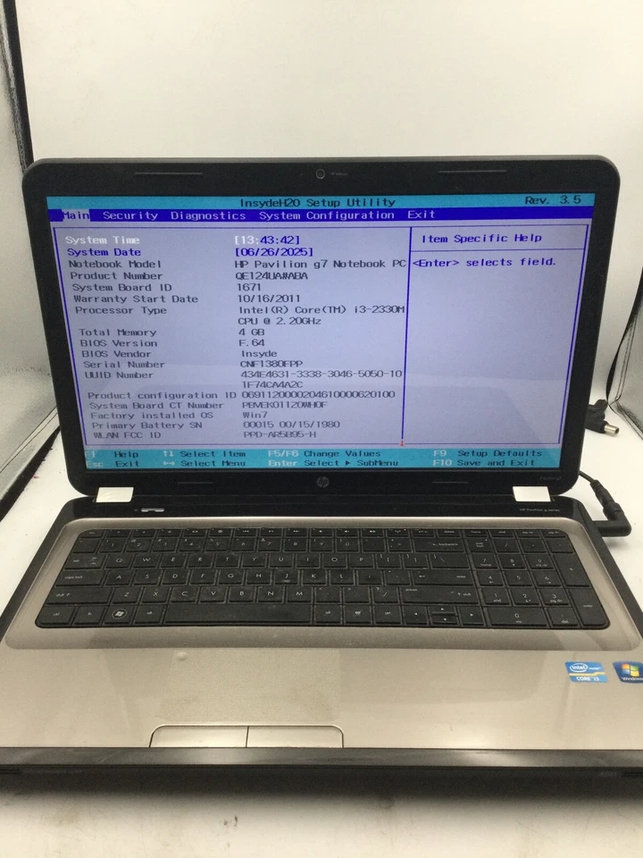 HP PAVILION G7 - BOOTS TO BIOS - INTEL I3 2330M - 4GB RAM - READ DESCRIPTION -BB - Image 1 of 4