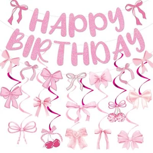 Pink Bow Birthday Decorations - 13PCS Glitter Coquette Birthday Decorations P... - Picture 1 of 6