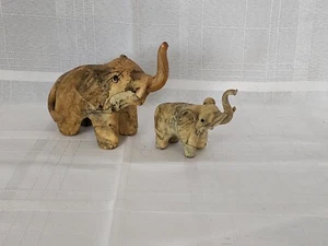 Vintage Set of 2 Crushed Oyster Shell Mom & Baby Elephants Trunks Up Figurines - Picture 1 of 16