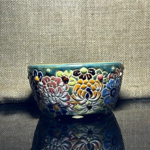 Unique Bonsai tree pot, colorful flower carving and craft,  size 5.5" - Picture 1 of 10