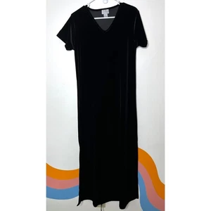 VTG Cassini Black Velvet Maxi Dress L VNeck Split Hem 90s Grunge Goth - Picture 1 of 7