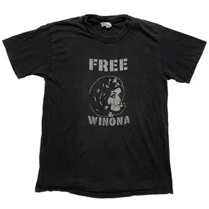 VTG Y2K 00s Original "Free Winona" Winona Ryder Graphic Black Silver Tshirt SZ S - Picture 1 of 3