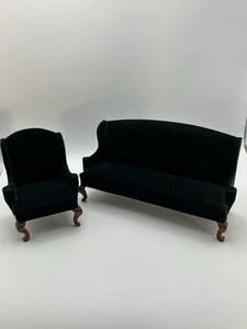 Vtg Dollhouse Dark Green/Black Velvet Wingback Chair & Couch Made In Taiwan - Picture 1 of 10