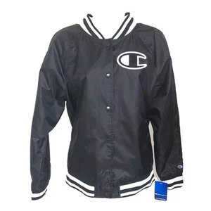 Champion Womens Large Retro Heritage Black Button Snap Satin Jacket - Imagen 1 de 8