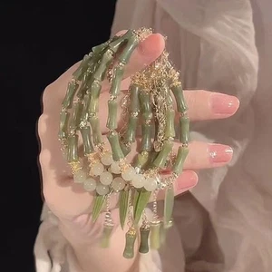 Artistic GoldTone Double Chain Bracelet with Jade Beads and Butterflies - Picture 1 of 6