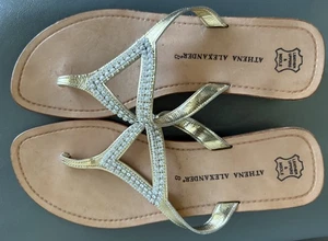 Gold Metallic Leather Sandals Rhinestone Straps By Athena Alexander SZ 8 EUC - Picture 1 of 4