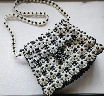 Vintage 60s Adorable Black & White Plastic Beaded Flowers Medium Small Purse - Image 1 of 4