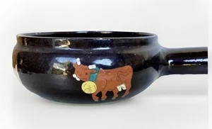 Vintage Swiss Handled Pottery Bowl Burkart Handarbeit Kunst Keramik, Cow Art - Picture 1 of 19