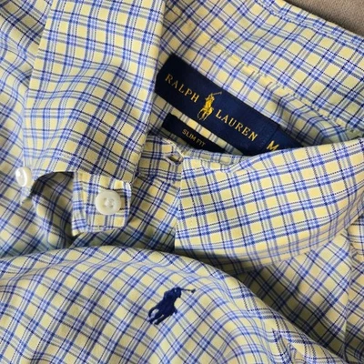Camisa Ralph Lauren Para Hombres Amarillo Azul A Cuadros Manga Larga Con Botones Calce Ajustado Poni Foto 1 de 4