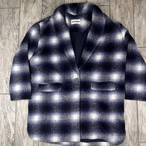 STEVE MADDEN Zoey Brushed Plaid Jacket In Peacoat Navy Shawl Collar - Picture 1 of 9