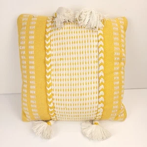 Magaschoni Home Woven Tassel Pillow 17x17 Boho Farmhouse Yellow White Textured - Picture 1 of 18