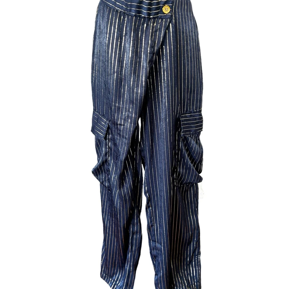 Lucy In The Sky Satin Pants Mckenzie Women Small Blue Gold Striped Cargo Style  - Image 1 of 4