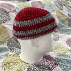Adult Handmade Red & Gray Crochet Skull Cap Kufi Beanie - Picture 1 of 5