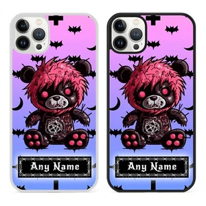 Red Emo Bear Personalised Name Phone Case Cover for iPhone Punk Goth Teddy Gift - Picture 1 of 7