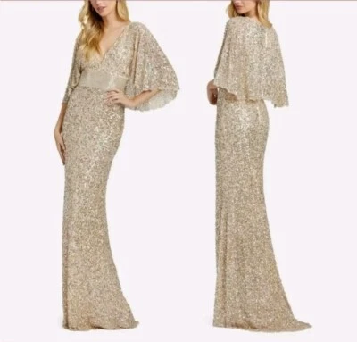 Vestido Mac Duggal Talla 16 Cuello en V Cuentas Manga Capa $698 Desnudo Dorado 4808 Foto 1 de 4