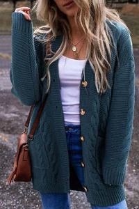 Peacock Blue Cable Knit Button Front Pocketed Baggy Cardigan - Picture 1 of 8