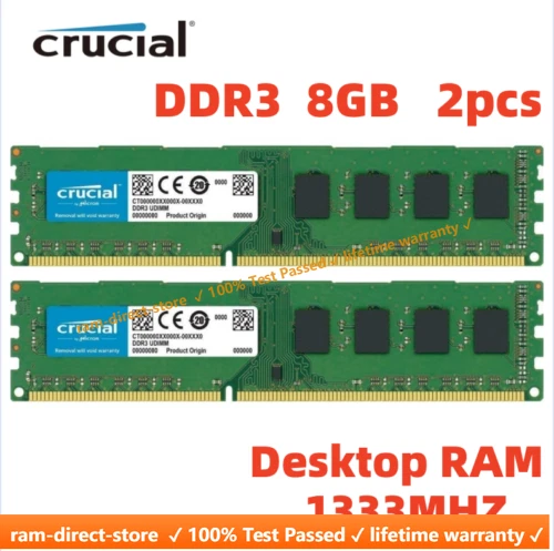 CRUCIAL DDR3 1333 MHz 16GB 2x 8GB PC3-10600 Desktop Memory RAM DIMM 240pin 16G - Image 1 of 4