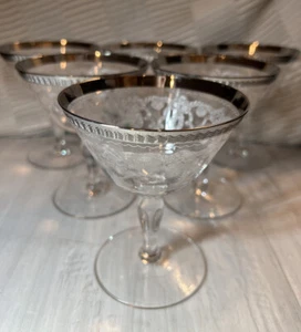 6 Elegant Tiffin (?) Copas de vino/champagne con borde plateado 4 3/4" - Imagen 1 de 9
