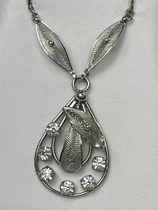 Sterling Silver Vintage Lavalier CZ Necklace 14”- 16" - Picture 1 of 8