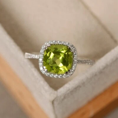 Anillo de diamantes de peridoto natural de corte cojín de 2,70 quilates de or... - Imagen 1 de 4