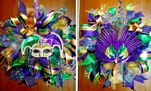 Large 24" Handmade Mardi Gras Front Door Wreath Double Door Set Deco Mesh Decor - Picture 1 of 23