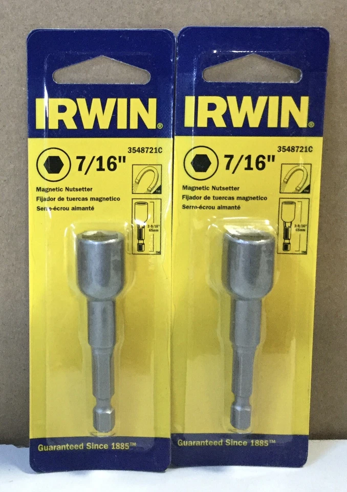 2 Pack Irwin 7/16” x 2-9/16” L Steel Magnetic Nut Setter 1/4in Quick-Change(N1) - Image 1 of 1