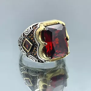 Men Simulated Ruby Red Stone Ring 925 Sterling Silver Ring Handmade Gift For Him - Picture 1 of 10