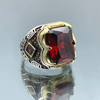 Anel masculino simulado de pedra vermelha rubi anel de prata esterlina 925 feito à mão presente para ele - Imagem 1 de 4