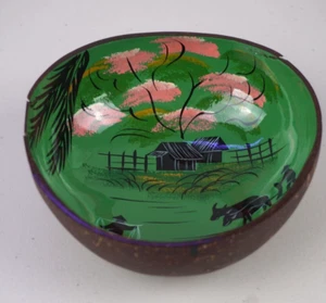 Hand Painted Asian Folk Art Coconut Shell Bowl Countryside Cherry Blossom - Picture 1 of 5
