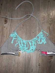 PINK Victoria Secret bikini swim TOP Striped￼ & Aqua fringe halter Size Small - Picture 1 of 5