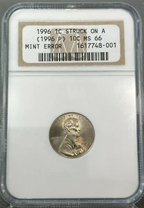 1996 1c Lincoln Struck on 1996 P 10c Dime NGC MS66  ~ MINT ERROR - Picture 1 of 4