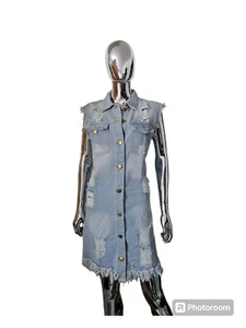 Ainangua Women's Ripped Distressed Sleeveless Mid Long Buttoned Denim Jacket SzS - Picture 1 of 4