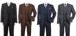 Men's 3 piece Luxurious Pinstriped Suit 2 Button Navy Black Brown Gray 38R~56L - Picture 1 of 10