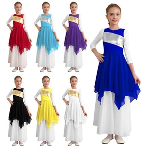 Girls Lyrical Praise Worship Dance Costume Kids Metallic Tank Dress Tulle Gown - Picture 1 of 74
