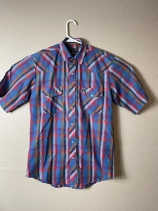 Roper Short Sleeve Pearl Snap Men's Shirt Medium Blue Red Plaid Cowboy Western - Picture 1 of 10