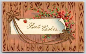 1911 Best Wishes Cute Colorful Flowers & Brown Ribbon Greetings Posted Postcard - Picture 1 of 2