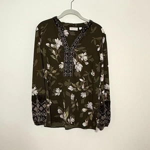 Belle Kim Gravel Women's Med Olive Green Boho VNeck Top w Velvet Trim and Cuff - Picture 1 of 8