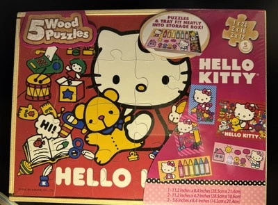 Hello Kitty 5-Pack деревянные пазлы в деревянной коробке для хранения - 12, 16, 24 изделия новый - Изображение 1 из 3