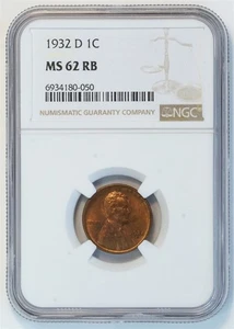 1932 D Lincoln Wheat Small Cent MS 62 RB NGC 1C - Picture 1 of 4