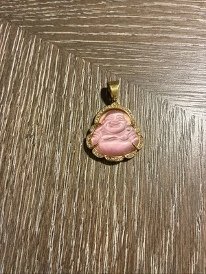 Collar Colgante Diamantes de Imitación Buda Maitreya Risa Jade Rosa Genuino 18KGP Foto 1 de 4