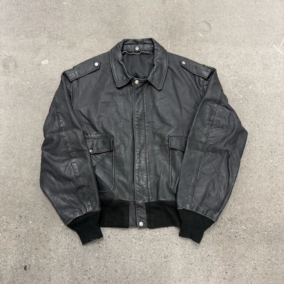 Bomber/Harrington Black Leather Vintage Outerwear Coats & Jackets