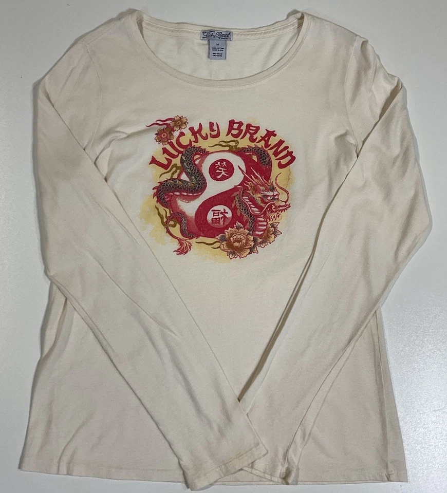 Vintage Lucky Brand Dragon Long Sleeve T Shirt Sz M Made In USA Grunge Y2K - Image 1 of 4
