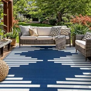 World Rug Gallery Bohemian Stripe Diamond Reversible Navy - Picture 1 of 5