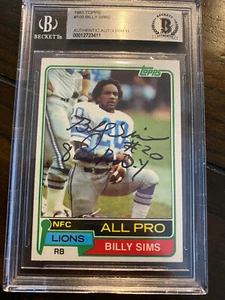 Scheda RC Billy Sims 1981 Topps Autografata Auto Rookie - Certificata BAS Scritta! - Foto 1 di 4