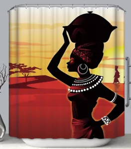 African Woman Fabric SHOWER CURTAIN Pot on Head Sunset Silhouette Africa - Picture 1 of 1