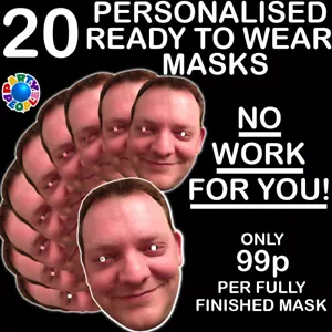 20 x PERSONALISED PHOTO FACE MASKS KITS FOR STAG & HEN NIGHT AND BIRTHDAY PARTY - Picture 1 of 1