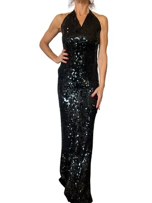 VINTAGE 90'S DONNA KARAN BLACK SEQUIN CASHMERE SILK HALTER GOWN EVENING DRESS M - Image 1 of 4
